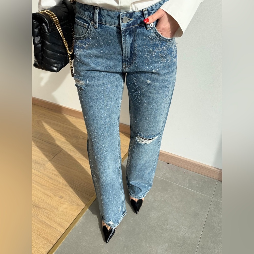 ZARA TRF ripped wide leg rhinestone Jeans Light Wash Distressed - Size US 14 - Picture 12 of 12